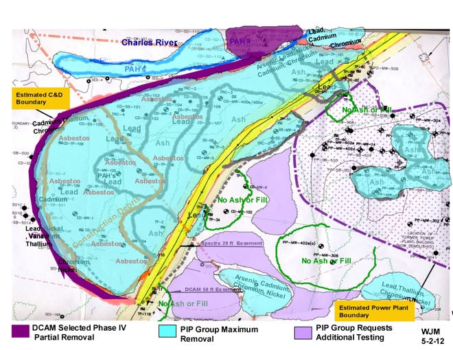 A map comparing the town's assessment of the distribution of toxins at the former Medfield State Hospital and DCAM's proposed remediation of the site.
