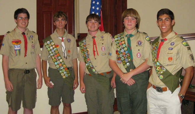 Eagle Scouts: Five Boy Scouts of Troop 288 were honored last month at Ponte Vedra United Methodist Church when they advanced to the rank of Eagle Scout. The five include, from left: Daniel Selvagn, Nicholas Leisle, Hayden Reel, Zach Murta and Domenic Pacetti, all of Ponte Vedra and all students at either Ponte Vedra or Nease high schools. The five have been with BSA troop 288 since they crossed over from Cub Scouts. Additional information about troop 288 can be found at, www.troop288pvb.org. Contributed photo.