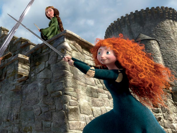 This film image released by Disney/Pixar shows characters, from left, King Fergus, voiced by Billy Connolly, Queen Elinor, voiced by Emma Thompson and Merida, voiced by Kelly Macdonald, in a scene from "Brave." (AP Photo/Disney/Pixar)