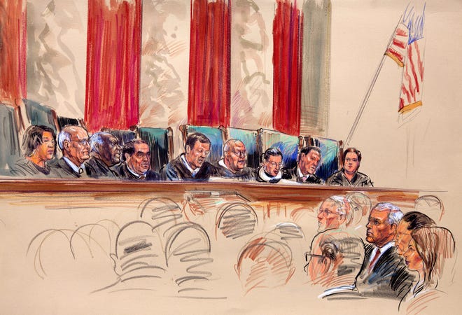 This artist rendering shows Chief Justice John Roberts, center, speaking at the Supreme Court in Washington, Thursday, June 28, 2012. From left are, Justices Sonia Sotomayor, Stephen Breyer, Clarence Thomas, Antonin Scalia, Roberts, Anthony Kennedy, Ruth Bader Ginsburg, and Elena Kagan. (AP Photo/Dana Verkouteren)
