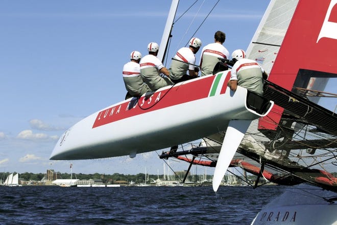 The Luna Rossa team of France practices Wednesday afternoon on Narragansett Bay.