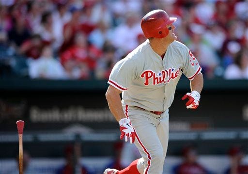 Philadelphia Phillies' Jim Thome watches his home run during the fourth inning of a baseball game against the Baltimore Orioles, Saturday, June 9, 2012, in Baltimore. (AP Photo/Nick Wass)