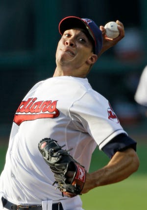Cleveland's Ubaldo Jimenez delivers against the Los Angeles Angels during Monday's game at Progressive Field. Jimenez took the loss as the Angels defeated the Indians 3-0.
