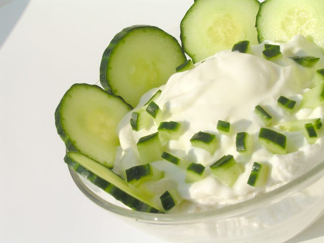 • Turkish tradition: Yogurt with chilled cucumbers. Chop one slice for garnish.