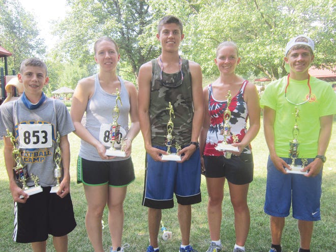 The top Galva School District finishers in Wednesday’s Freedom Fest 5K were, from left, Brennan Foley, second-place male; Heather Anderson, first-place female; Trevor Foley, third-place male; Kaleena Conrad, third-place female; and Derek Foley, first-place male. Lisa Stisser, second-place female, was absent from the photo.