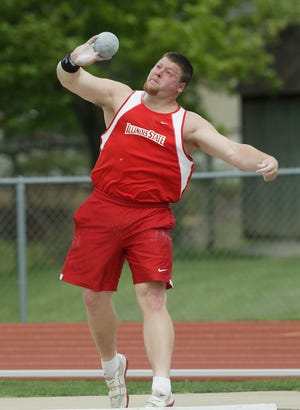 Curt Jensen tosses the shot put for the Illinois State University men’s track and field team this season.
