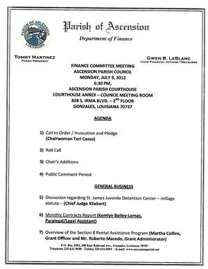 Finance Committee Meeting Agenda for July 9, 2012