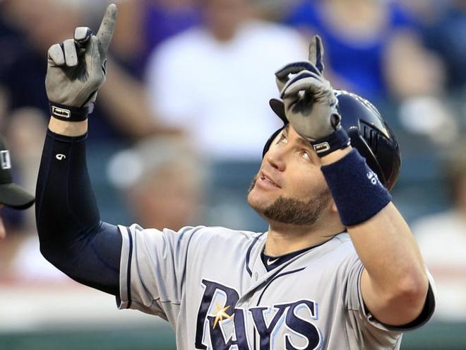 Tampa Bay Rays' Luke Scott looks up after hitting a two-run home run off Cleveland Indians' Justin Masterson in the fifth inning of a baseball game on Friday, July 6, 2012, in Cleveland. (Associated Press)