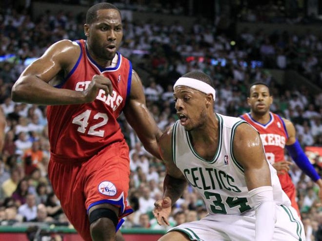Boston Celtics forward Paul Pierce (34) drives against Philadelphia 76ers forward Elton Brand (42) during the first quarter of Game 7 in the NBA basketball Eastern Conference semifinal playoff series, Saturday, May 26, 2012, in Boston. Brand was released by the 76ers, which used the amnesty clause to make cap room.