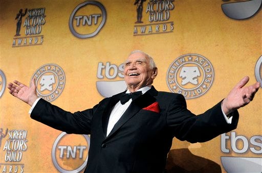 In this Jan. 30, 2011, file photo, Ernest Borgnine poses backstage after receiving the life achievement award at the 17th Annual Screen Actors Guild Awards in Los Angeles. A spokesman said Sunday, July 8, 2012, that Borgnine has died at the age of 95. (AP Photo/Chris Pizzello, File)