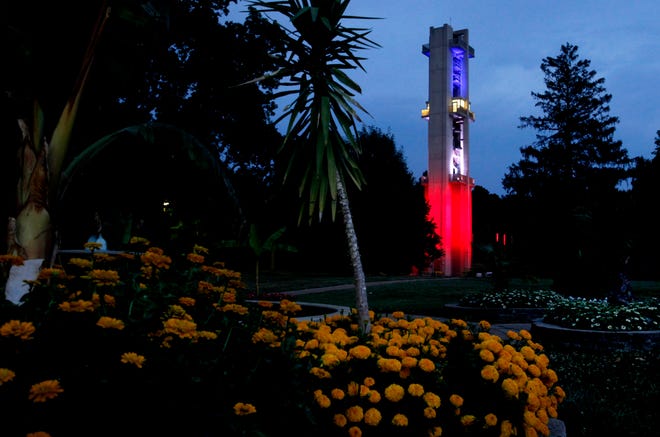 The Thomas Rees Memorial Carillon in Springfield's Washington Park is illuminated with patriotic flair on July 2.