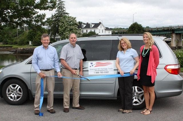 Courtesy photo
Seacoast New Hampshire Heritage Tours Owner, Dave Maloney (second from left) cuts a ribbon with Portsmouth Chamber of Commerce President, Doug Bates (left), Karen Kervick and Briggs Buzzell to celebrate the opening of his new business.