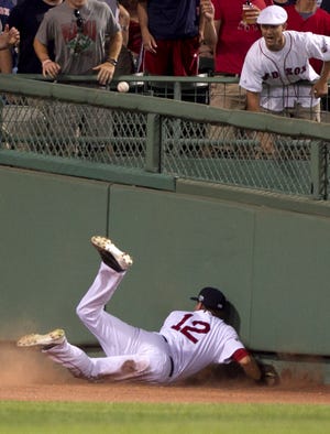 Boston Red Sox's Ryan Sweeney crashes into the wall as he is unable to get a glove on an RBI triple hit by New York Yankees' Alex Rodriguez in the fifth inning of a baseball game at Fenway Park in Boston, Sunday, July 8, 2012.