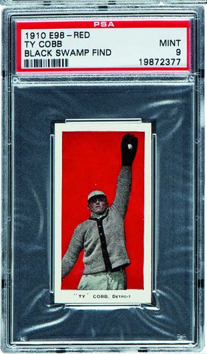 A 1910 E98 Ty Cobb baseball card found in the attic of a house in Defiance, Ohio, along with about 700 others.