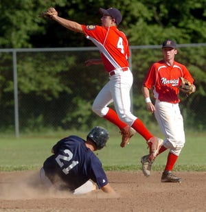 New London’s Matt Greene safely steals second base Monday as Norwich’s Brian LaCombe takes the throw during their Zone VI American Legion game at Dickenman Field. Norwich’s Matt Lynch is in the background.