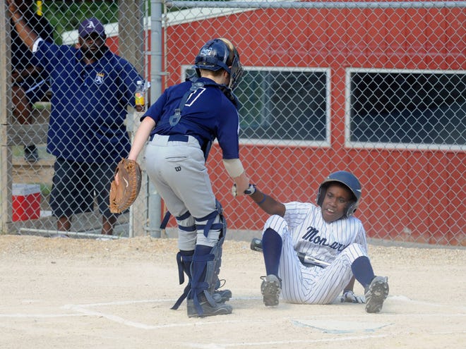 Mid-Missouri Wildcat’s catcher McClaine McCarter helps Anderson Monarchs batter Tamir Brooks up after a he fell from a wild pitch. The Monarchs are named after Kansas City’s Negro League team that was home to Jackie Robinson before he broke the Major League Baseball color barrier.