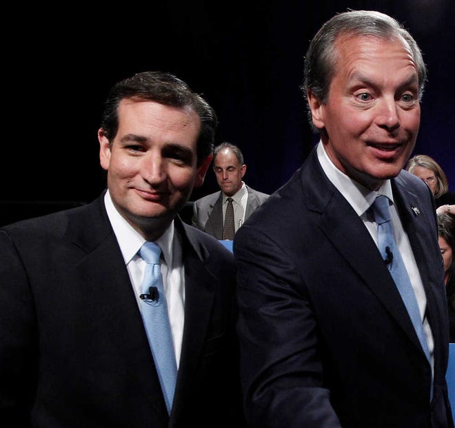 Texas Senate candidates Ted Cruz, left, and Texas Lt. Gov. David Dewhurst are seen June 22 after their televised debate in Dallas. Cruz, the tea party candidate for U.S. Senate, has come a long way since he kicked off his campaign more than a year ago with seemingly no chance of competing against the mainstream GOP front-runner in the race, Dewhurst.