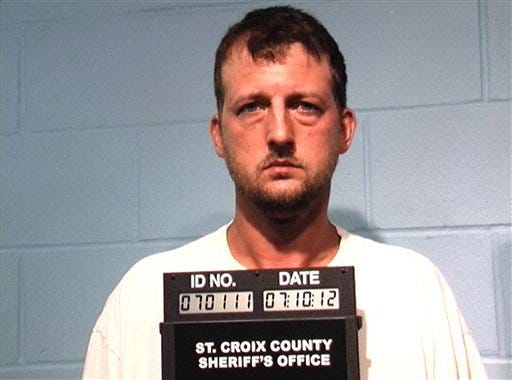 This photo provided by the St. Croix, Wis., County Sheriff's Office shows Aaron Schaffhausen who was under arrest Wednesday, July 11, 2012, and being held on suspicion of first degree intentional homicide, authorities said. Police found his three young daughters dead Tuesday in a house in River Falls, Wis., that officers said smelled of gas. Court record show that Shaffhausen and his wife divorced last year. (AP Photo/St. Croix County Sheriff's Office)