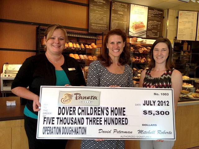 Courtesy photo
Panera Bread of Dover General Manager Aimee Kerage presents a $5,300 Operation Dough-Nation® check to Dover Children's Home Executive Director Donna Coraluzzo and Program Director Christine Albert.