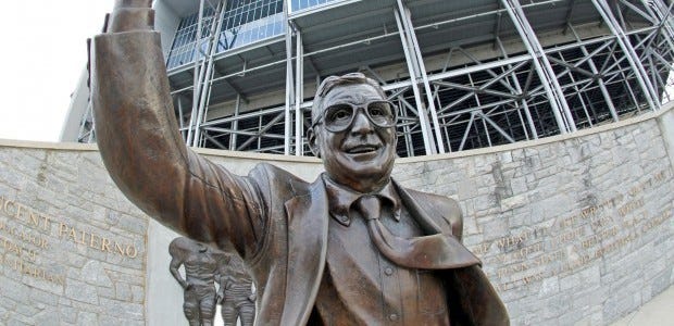A statue of former Penn State University head football coach Joe Paterno stands outside Beaver Stadium.