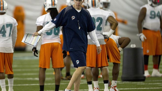 Miami Dolphins coach Joe Philbin watches his players during NFL football practice in Davie, Fla., Wednesday, June 20, 2012. (AP Photo/J Pat Carter)