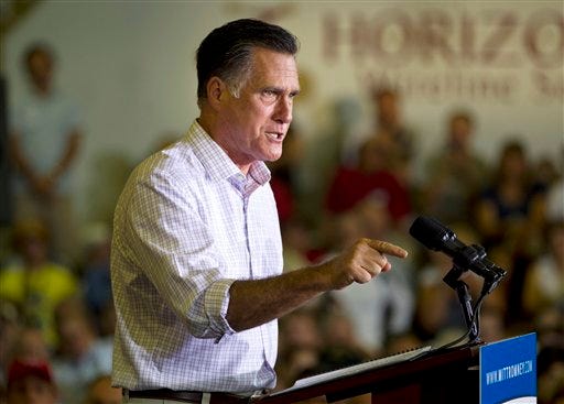Republican presidential candidate, former Massachusetts Gov. Mitt Romney gestures during a campaign event at Horizontal Wireline Services on Tuesday, July 17, 2012 in Irwin, Pa. (AP Photo/Evan Vucci)