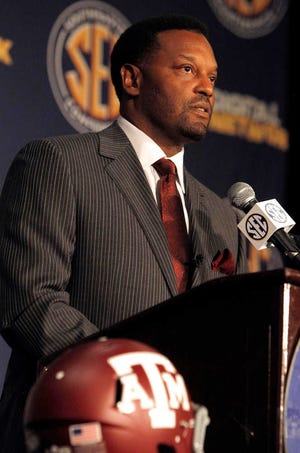 Kevin Sumlin, in his first season as Texas A&M's head football coach, talks to the media Tuesday about the Aggies' move into the Southeastern Conference at the SEC media event in Hoover, Ala.