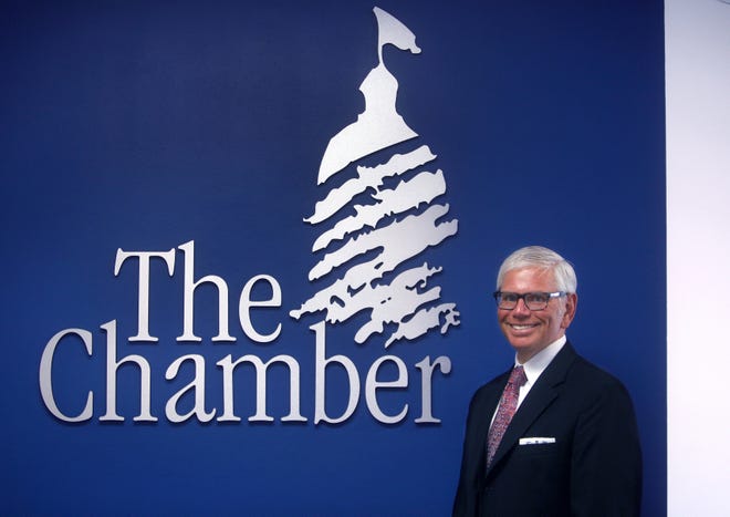 Steward Sandstrom of Kalamazoo, Mich. was named the new president of the Greater Springfield Chamber of Commerce during a press conference in Springfield on Wednesday, June 20, 2012. Here, Sandstrom stands for a portrait at the Chamber's offices after the official announcement.