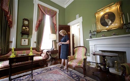 Texas First Lady Anita Perry gives a tour of the Texas Governor's Mansion Wednesday, July 18, 2012, in Austin, Texas. After four years and a $25 million restoration project, the historic Texas Governor's Mansion that was nearly destroyed by fire is complete.