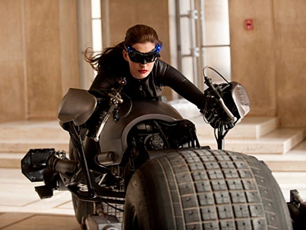 In this film image released by Warner Bros. Pictures, Anne Hathaway portrays Catwoman in a scene from "The Dark Knight Rises," set for release on July 20, 2012. (AP Photo/Warner Bros. Pictures, Ron Phillips)