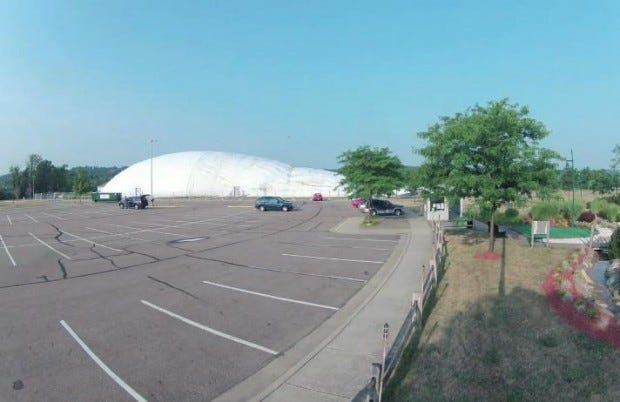 The golf dome at Robert Morris University's Island Sports Center on Neville Island has been re-inflated after it was damaged in a June 1 storm. This screen capture was taken from a Facebook video of the process posted on  RMU's Facebook page.
