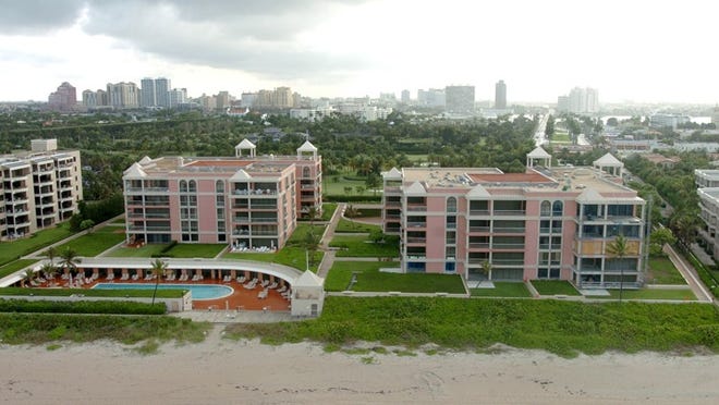 All 48 residential units in Two North Breakers Row, the building on the right, are included on a list of the 60 highest-valued condominiums in Palm Beach, based on ‘total market value assigned each by the Palm Beach County Property Appraisers Office on its latest property-tax roll. The structure on the left is One North Breakers Row, a rental building. Both were developed during the mid-1980s by The Breakers.