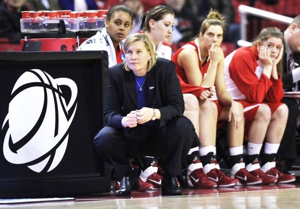 St. Francis' coach Susan Robinson-Fruchtl watches in the final minutes of their 70-48 loss to Maryland during the first round of the NCAA women's college basketball tournament, Sunday, March 20, 2011, in College Park, Md. (AP Photo/Gail Burton)