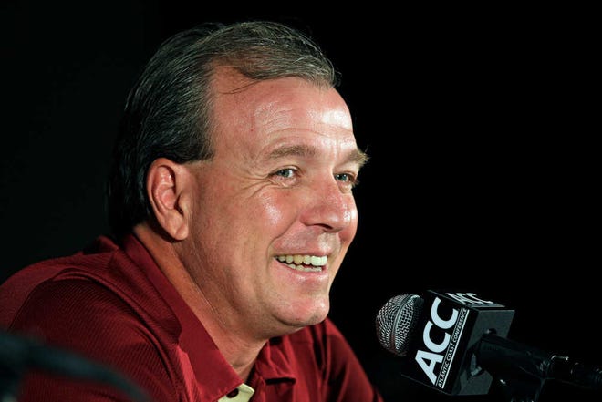 Florida State head coach Jimbo Fisher speaks to reporters during an Atlantic Coast Conference college football kickoff news conference in Greensboro, N.C., Monday, July 23, 2012. (AP Photo/Chuck Burton)