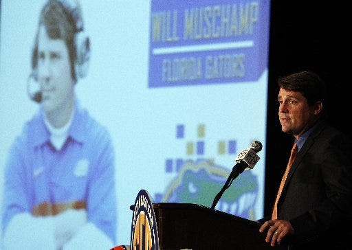 Florida's Will Muschamp talks to reporters at last week's SEC Media Days in Hoover, Ala.