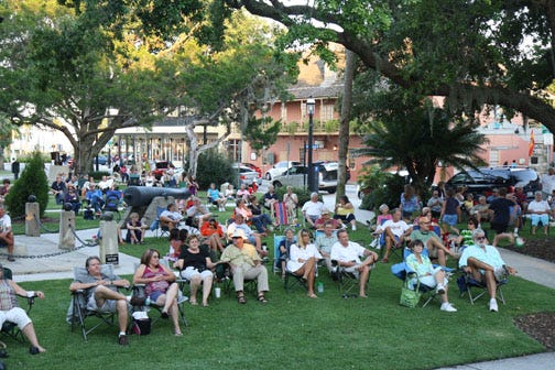A crowd gathers in the Plaza de la Constitution in downtown St. Augustine during a recent Concert in the Plaza. Photo by COREE HINTON