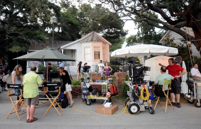 The cast and crew of 'Safe Haven' film a scene along West Brunswick Street in Southport on Wednesday.