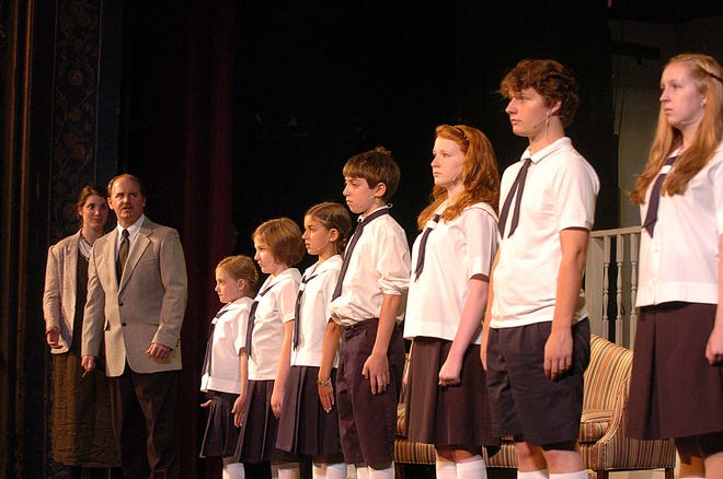 PUTNAM 7-24-2012 JOHN SHISHMANIAN  Maggie Pollard of Uxbridge, Mass., left, playing Maria is introduced to the von Trapp children by Preston Arnold of Foster, R.I, playing Captain von Trapp Tuesday during a rehearsal for The Sound of Music at the Bradley Theatre in Putnam. See more photos at NorwichBulletin.com John Shishmanian/ NorwichBulletin.com
