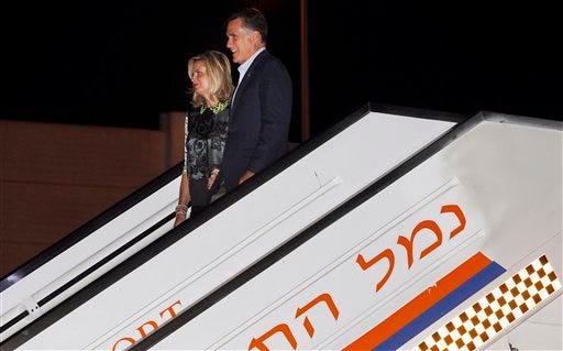 Republican presidential candidate and former Massachusetts Gov. Mitt Romney and wife Ann arrive in Tel Aviv, Israel, Saturday, July 28, 2012. (AP Photo/Charles Dharapak)