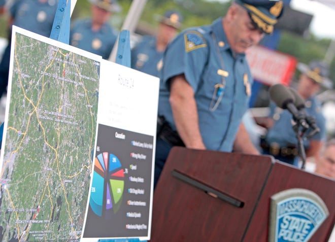 State police Superintendent Timothy Alben talks, along Route 24 in Bridgewater on Thursday, July 26, 2012, about new patrols being added to the highway during the most dangerous hours between 8 p.m. and 4 a.m.