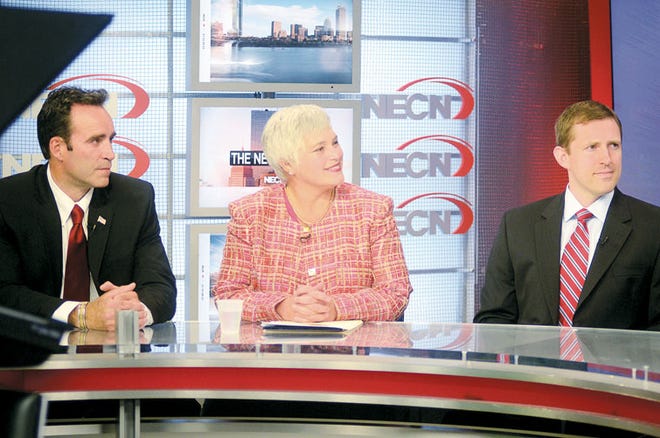 Candidates participate in the first televised debate for the Fourth Congressional Republican primary on Monday, July 30. (L to R) Fall River dentist David Steinhof, Brookline psychiatrist Elizabeth Childs, and Marine veteran Sean Bielat of Norfolk, will compete in the Republican primary this September for the U.S. Congressional seat vacated by retiring Democrat Barney Frank.