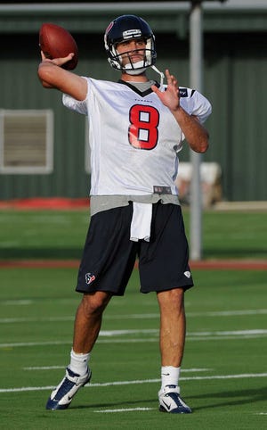 Houston Texans' Matt Schaub throws a pass on the first day of NFL football training camp Saturday, July 28, 2012, in Houston. (AP Photo/Pat Sullivan)