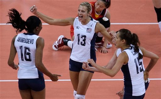 United States' Foluke Akinradewo (16), Christa Harmotto (13) and Logan Tom celebrate during a women's preliminary volleyball match against China at the 2012 Summer Olympics, Wednesday, Aug. 1, 2012, in London. (AP Photo/Jeff Roberson)
