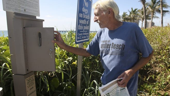 ‘There’s a lot of work that goes on for this club that nobody ever sees,’ says Ralph Giordano, 64, a longtime volunteer for the Friends of Jupiter Beach. He spends about 20 hours per week keeping the group’s patrol area clean, including maintaining 18 boxes along the beaches where people can find plastic bags to clean up after their dogs.