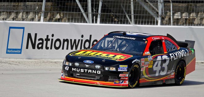 Nationwide Series driver Michael Annett (43) makes his way around the track during practice for the NASCAR Nationwide Series FORD EcoBoost 300 auto race on Friday, March 16, 2012, in Bristol, Tenn. (AP Photo/Lisa Norman-Hudson)