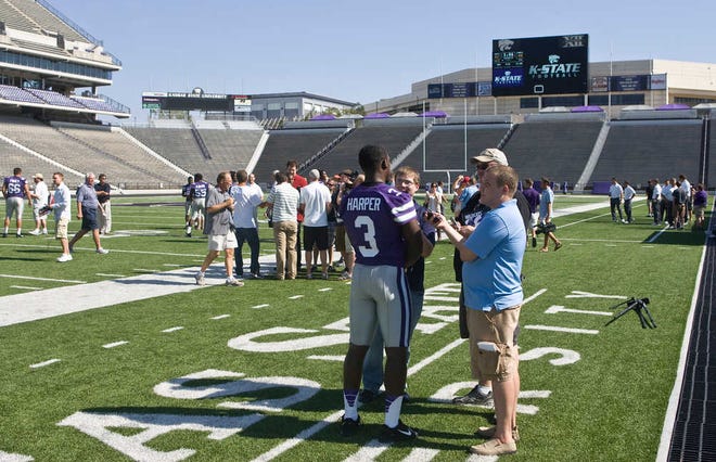 Wide receiver Chris Harper (3) was one of dozens of Kansas State players who fielded questions from reporters Friday during Kansas State's football media day at Snyder Family Stadium in Manhattan. The Wildcats opened fall camp Thursday.