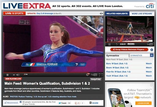 This image made from an NBC Sports website shows their live gymnastics coverage on Sunday, July 29, 2012. For the first time, NBC Sports is showing all competition and medal ceremonies live over the Internet in the U.S. (AP Photo)