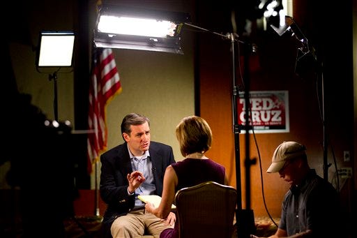 Ted Cruz, Republican candidate for U.S. Senate, sits down for a television interview, the day after defeating Lt. Gov. David Dewhurst in a runoff primary election, Wednesday, Aug. 1, 2012, in Houston. Cruz says his tea party supporters who helped him pull off an upset in the Republican primary runoff are "everyday Texans" who want common sense answers to problems plaguing the country.