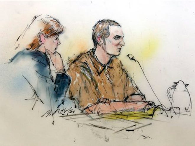 Attorney Judy Clark, left, and defendant Jared Loughner sit before the judge in federal court on Tuesday in Tucson, Ariz. as shown in this artists' rendering. Suspected shooter Jared Loughner, who is charged with shooting U.S. Rep. Garbrielle Giffords, D-Ariz., and 18 others, entering a plea deal that keeps Loughner in prison for the rest of his life. (AP Photo/Bill Robles)