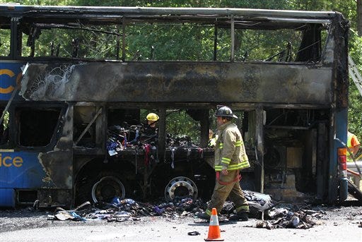 Hart County firefighters investigate a Megabus charter bus after it caught fire on northbound Interstate 85 near the Georgia and South Carolina border in Lavonia, Ga. on Wednesday, Aug. 8, 2012. Chicago-based Megabus said about 80 passengers were aboard the Charlotte, N.C.-bound bus when the fire broke out at about 11:30 a.m. All were safely evacuated by the driver in the accident that is the latest in a string of problems for the company. (AP Photo/The Independent-Mail, Nathan Gray)